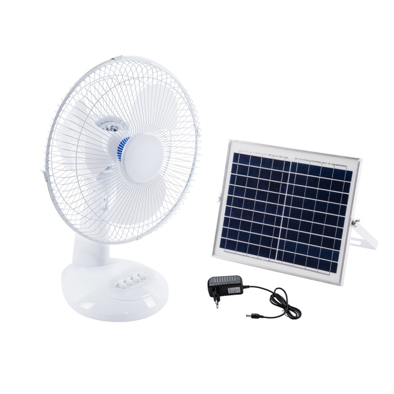 GloboStar® SOLARI-FAN 85354 Solar Fan Αυτόνομος Ηλιακός Επιτραπέζιος Ανεμιστήρας 25W 2 Λειτουργιών Ρεύματος με AC 220-240V ή με Φωτοβολταϊκό Panel 9V 12W & Επαναφορτιζόμενη Μπαταρία Li-ion 7.4V 4400mAh - 3 Ταχύτητες - IP20 - Μ24 x Π36 x Υ49cm - Λευκό - 2