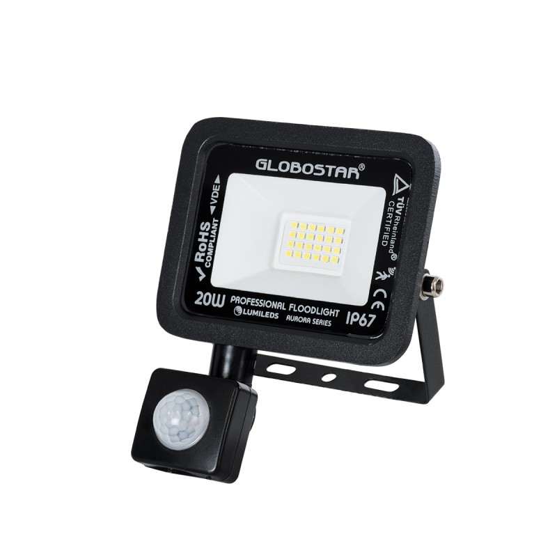 GLOBOSTAR® AURORA 64137 Προβολέας με Ανιχνευτή PIR / Αισθητήρα Κίνησης LED 20W 2500lm 120° AC 220-240V Αδιάβροχο IP67 Ψυχρό Λευκό 6000K - Lumileds SMD Chip - TÜV Rheinland Certified - Μαύρο Ματ - Μ12 x Π5 x Υ14.5cm - 3 Χρόνια Εγγύηση