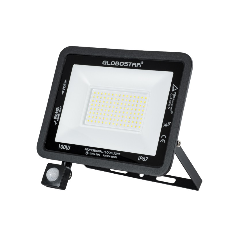 GLOBOSTAR® AURORA 61443 Προβολέας με Ανιχνευτή PIR / Αισθητήρα Κίνησης LED 100W 12500lm 120° AC 220-240V Αδιάβροχο IP67 Ψυχρό Λευκό 6000K - Lumileds SMD Chip - TÜV Rheinland Certified - Μαύρο Ματ - Μ25 x Π6.5 x Υ27.5cm - 3 Χρόνια Εγγύηση