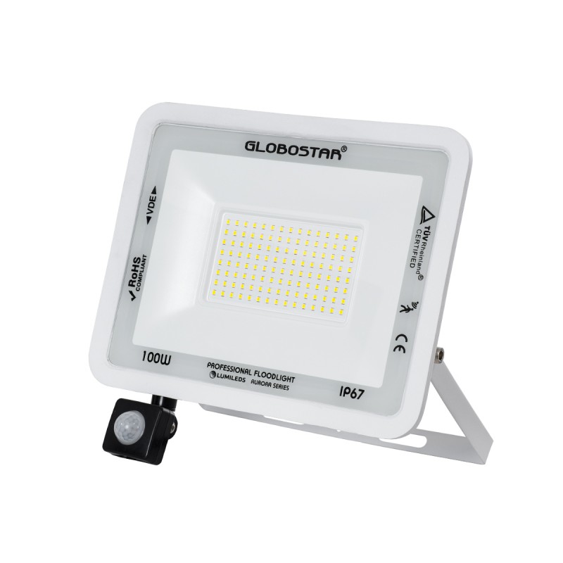GLOBOSTAR® AURORA 61444 Προβολέας με Ανιχνευτή PIR / Αισθητήρα Κίνησης LED 100W 12500lm 120° AC 220-240V Αδιάβροχο IP67 Ψυχρό Λευκό 6000K - Lumileds SMD Chip - TÜV Rheinland Certified - Λευκό Ματ - Μ25 x Π6.5 x Υ27.5cm - 3 Χρόνια Εγγύηση