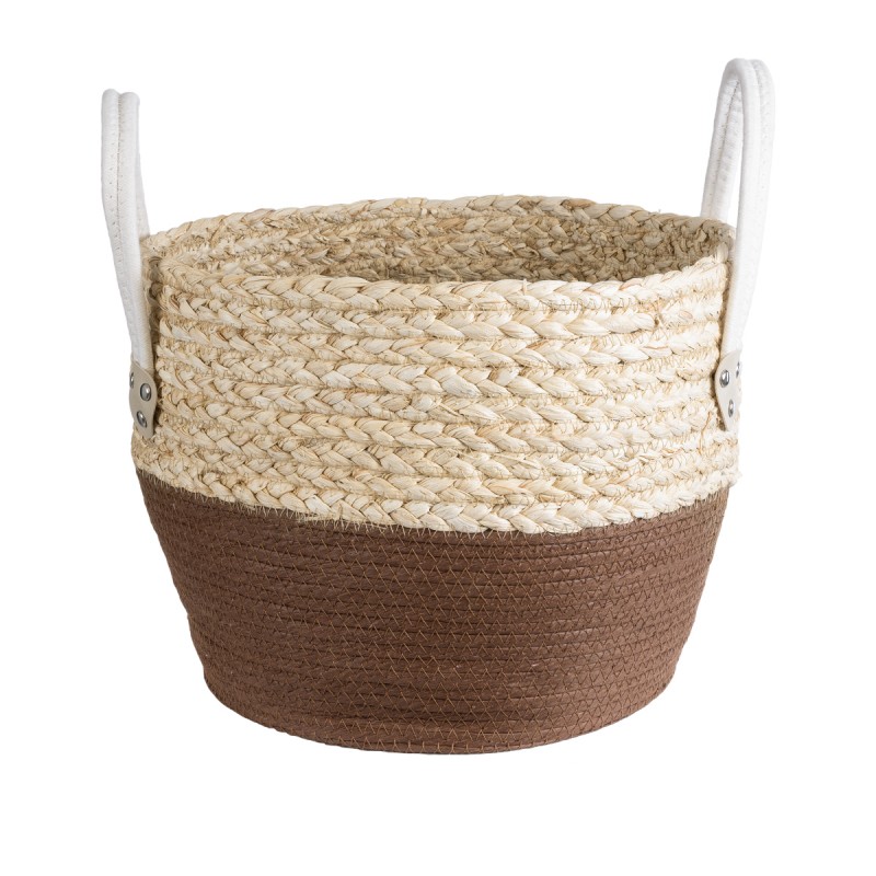 GloboStar® Artificial Garden CAROLINA 20580 Διακοσμητικό Πλεκτό Κασπώ Γλάστρα - Flower Pot Μπεζ με Καφέ και Λευκό Φ33 x Υ28cm