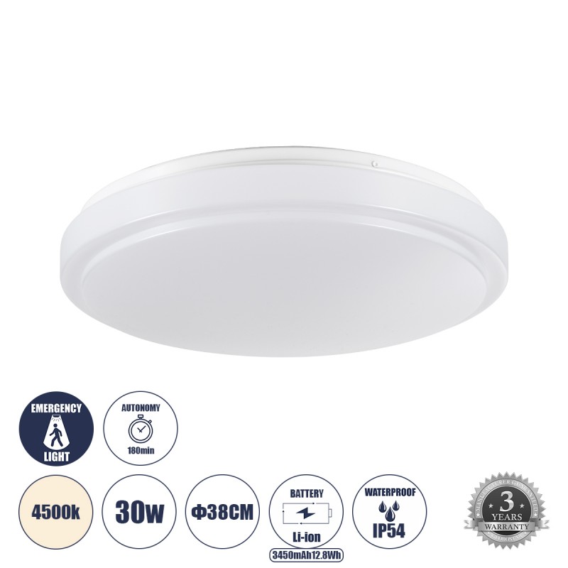 GLOBOSTAR® EMERGANO 60993 Φωτιστικό Πλαφονιέρα Οροφής με Ενσωματωμένο Σύστημα Emergency Li-ion 3450mAh/12.8Wh με Αυτονομία 3hrs LED 30W 3750lm 120° AC 220-240V Αδιάβροχο IP54 Φυσικό Λευκό 4500K - Lumileds SMD Chip - Λευκό Γαλακτερό - Μ38 x Π38 x Υ5.3cm -