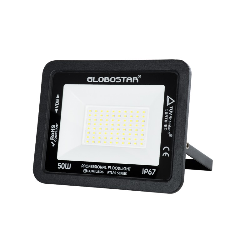 GLOBOSTAR® ATLAS 61422 Προβολέας LED 50W 6250lm 120° AC 220-240V Αδιάβροχο IP67 Ψυχρό Λευκό 6000K - Lumileds SMD Chip - TÜV Rheinland Certified - Μαύρο Ματ - Μ21 x Π3.5 x Υ16cm - 5 Χρόνια Εγγύηση