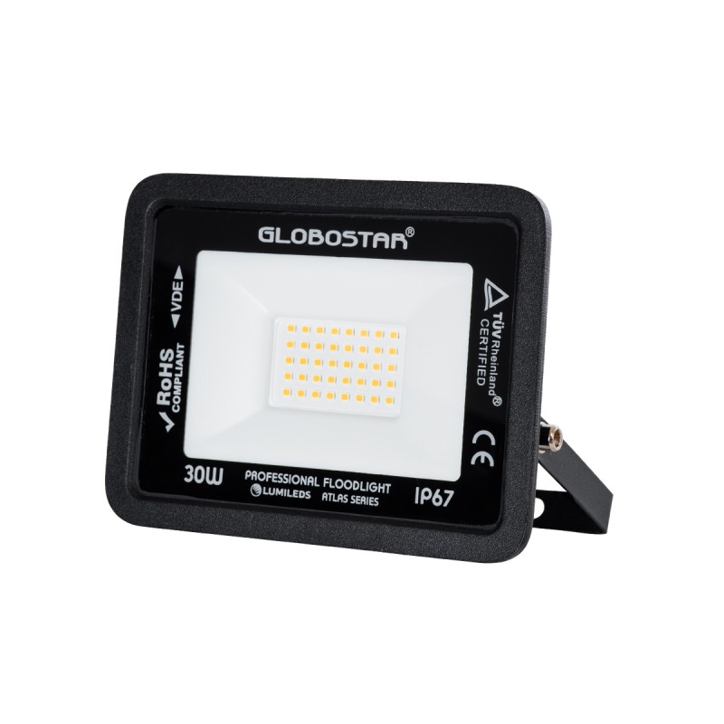 GLOBOSTAR® ATLAS 61418 Προβολέας LED 30W 3450lm 120° AC 220-240V Αδιάβροχο IP67 Θερμό Λευκό 2700K - Lumileds SMD Chip - TÜV Rheinland Certified - Μαύρο Ματ - Μ16 x Π2.5 x Υ12.5cm - 5 Χρόνια Εγγύηση
