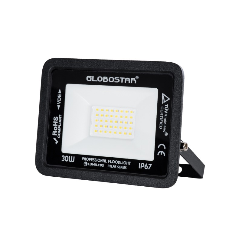 GLOBOSTAR® ATLAS 61417 Προβολέας LED 30W 3600lm 120° AC 220-240V Αδιάβροχο IP67 Φυσικό Λευκό 4500K - Lumileds SMD Chip - TÜV Rheinland Certified - Μαύρο Ματ - Μ16 x Π2.5 x Υ12.5cm - 5 Χρόνια Εγγύηση