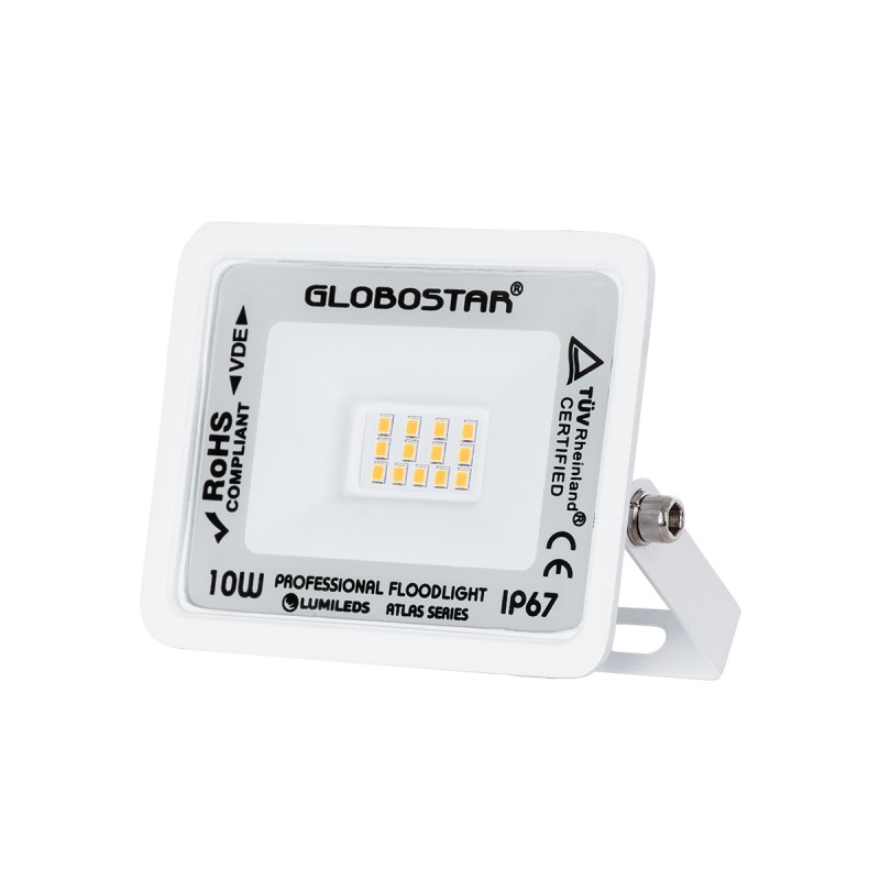 GLOBOSTAR® ATLAS 61406 Προβολέας LED 10W 1150lm 120° AC 220-240V Αδιάβροχο IP67 Θερμό Λευκό 2700K - Lumileds SMD Chip - TÜV Rheinland Certified - Λευκό Ματ - Μ10 x Π2 x Υ8cm - 5 Χρόνια Εγγύηση