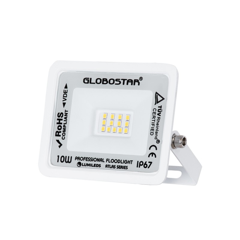 GLOBOSTAR® ATLAS 61405 Προβολέας LED 10W 1200lm 120° AC 220-240V Αδιάβροχο IP67 Φυσικό Λευκό 4500K - Lumileds SMD Chip - TÜV Rheinland Certified - Λευκό Ματ - Μ10 x Π2 x Υ8cm - 5 Χρόνια Εγγύηση