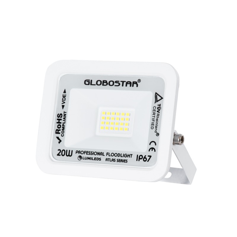 GLOBOSTAR® ATLAS 61407 Προβολέας LED 20W 2500lm 120° AC 220-240V Αδιάβροχο IP67 Ψυχρό Λευκό 6000K - Lumileds SMD Chip - TÜV Rheinland Certified - Λευκό Ματ - Μ12 x Π2.5 x Υ9.5cm - 5 Χρόνια Εγγύηση