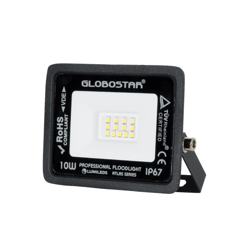 GLOBOSTAR® ATLAS 61516 Προβολέας LED 10W 1200lm 120° AC 220-240V Αδιάβροχο IP67 Φυσικό Λευκό 4500K - Lumileds SMD Chip - TÜV Rheinland Certified - Μαύρο Ματ - Μ10 x Π2 x Υ8cm - 5 Χρόνια Εγγύηση