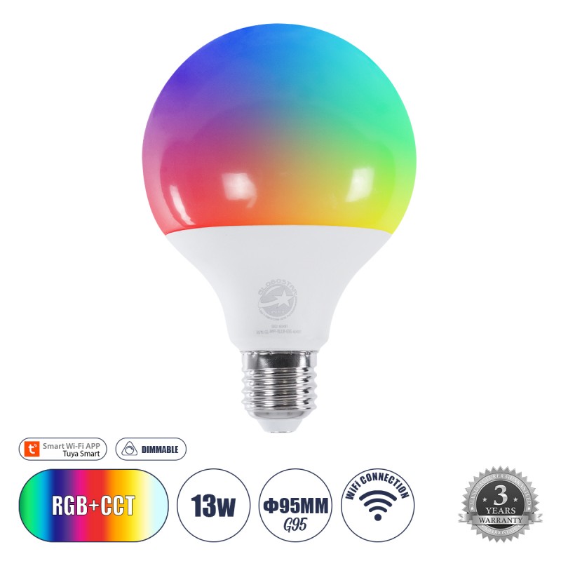 GLOBOSTAR® SMARTME 60491 Λάμπα E27 G95 Smart Home WiFi με Λειτουργία μέσω Tuya APP LED 13W 1300lm 260° AC 220-240V IP20 Πολύχρωμο RGBW+WW Dimmable - Bridgelux Chip - Μ9.5 x Π9.5 x Υ13.5cm - 3 Χρόνια Εγγύηση