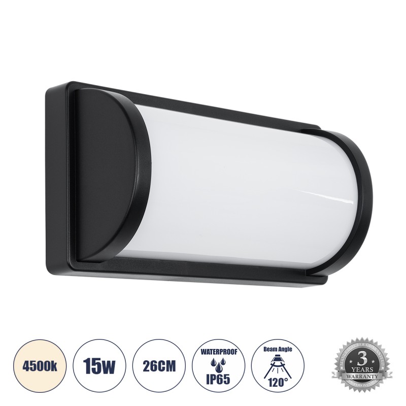 GLOBOSTAR® CELESTIAL 60696 Μοντέρνο Φωτιστικό Τοίχου - Απλίκα LED 15W 1575lm 120° AC 220-240V Αδιάβροχο IP65 Φυσικό Λευκό 4500K - Bridgelux SMD Chip - Μαύρο Ματ - Μ26 x Π9 x Υ13.5cm - 3 Χρόνια Εγγύηση