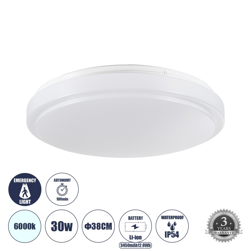 GLOBOSTAR® EMERGANO 60992 Φωτιστικό Πλαφονιέρα Οροφής με Ενσωματωμένο Σύστημα Emergency Li-ion 3450mAh/12.8Wh με Αυτονομία 3hrs LED 30W 3900lm 120° AC 220-240V Αδιάβροχο IP54 Ψυχρό Λευκό 6000K - Lumileds SMD Chip - Λευκό Γαλακτερό - Μ38 x Π38 x Υ5.3cm - 3