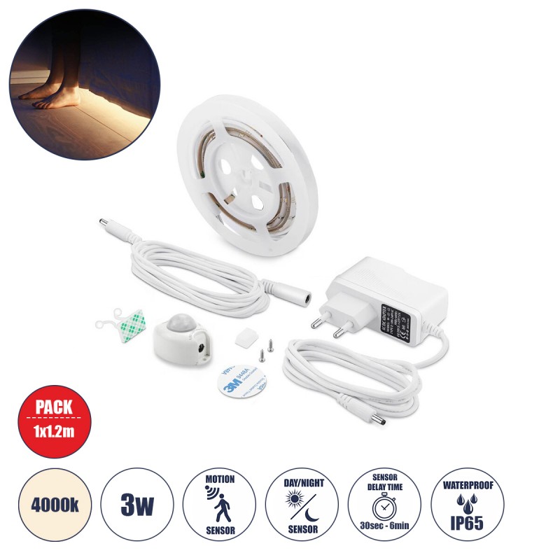 GLOBOSTAR® NIGHTSTEP 70400 Σετ Ταινίας με Αισθητήρα Κίνησης-Ημέρας-Νύχτας & Τροφοδοτικό LED 3W 300lm 120° AC 220-240V Αδιάβροχο IP65 36 x SMD2835 Φυσικό Λευκό 4500K - Sanan SMD Chip - Μ120 x Π0.8 x Υ0.2cm - 2 Χρόνια Εγγύηση