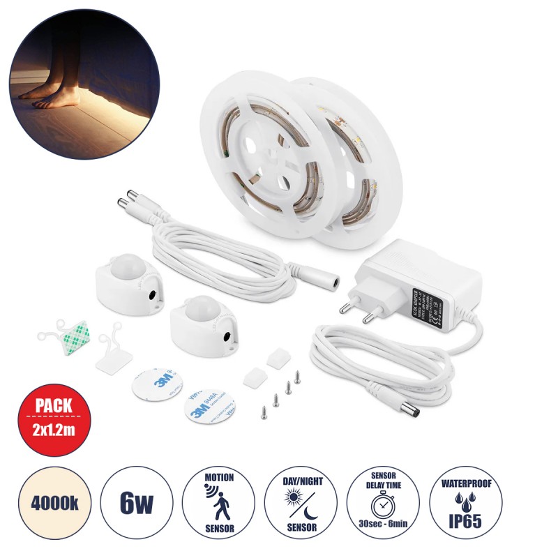GLOBOSTAR® NIGHTSTEP 70401 Σετ Ταινίας με με Αισθητήρα Κίνησης-Ημέρας-Νύχτας & Τροφοδοτικό LED 6W 600lm 120° AC 220-240V Αδιάβροχο IP65 72 x SMD2835 Φυσικό Λευκό 4500K - Sanan SMD Chip - Μ240 x Π0.8 x Υ0.2cm - Δύο Ρολά 1.2 Μέτρων - 2 Χρόνια Εγγύηση