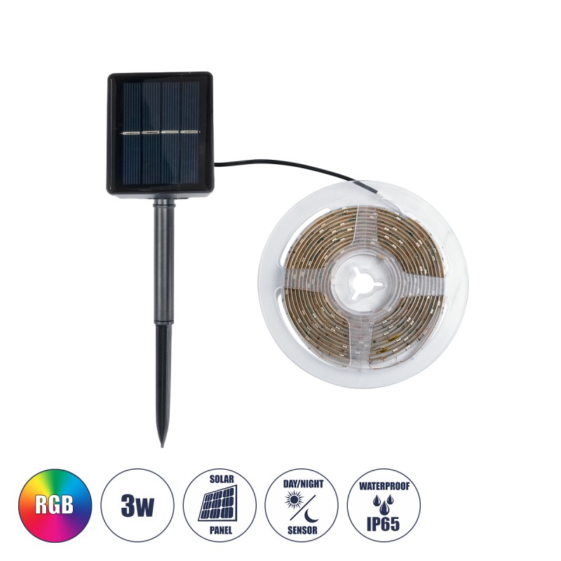 GLOBOSTAR® SOLARSTRIP 70421 Σετ Ταινίας 3W 90lm 120° DC 5V με Φωτοβολταϊκό Panel 5V 0.3W με Αισθητήρα Ημέρας-Νύχτας Αδιάβροχο IP65 90 x SMD2835 Chip Πολύχρωμο RGB Dimmable - Sanan SMD Chip - Μ300 x Π0.8 x Υ0.3cm - Ρολό 3 Μέτρων - 2 Χρόνια Εγγύηση