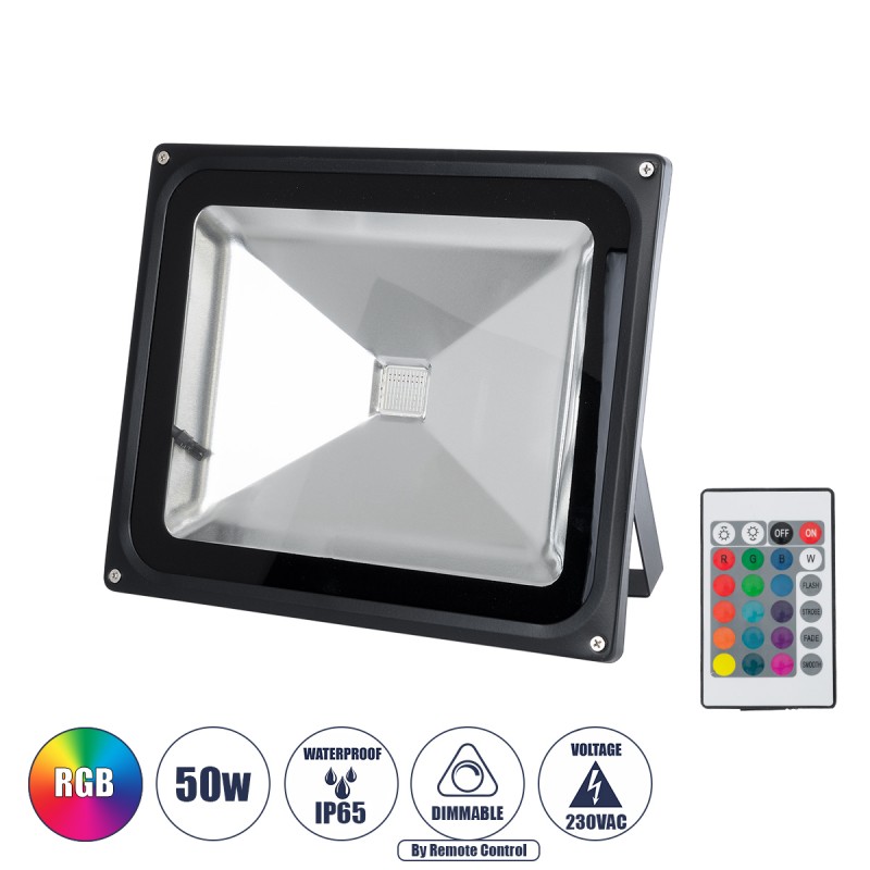 GLOBOSTAR® RGBFLOOD 75602 Προβολέας με IR Ασύρματο Χειριστήριο LED 50W 3250lm 120° AC 220-240V Αδιάβροχο IP66 Πολύχρωμο RGB Dimmable - Μαύρο Ματ - Μ28.5 x Π23.5 x Υ10cm - 2 Χρόνια Εγγύηση