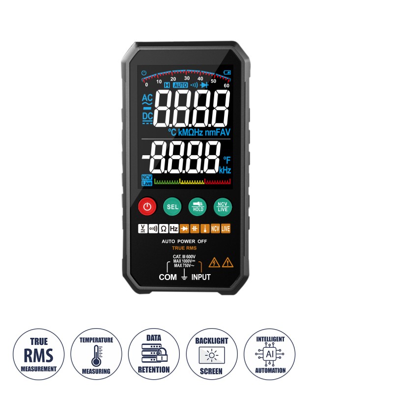 GLOBOSTAR® DIGIMETRIC 79976 Ψηφιακό ΠολύμετροTrue RMS AI με Μετρητή Τάσης Volt AC & DC, Θερμοκρασίας, Ampere, Καπασιτόμετρο, Ohm & Οπίσθιος Φακός - CATIII 600V Max 1000VDC/750VAC - Μ14.2 x Π7 x Υ2cm - 2 Χρόνια Εγγύηση