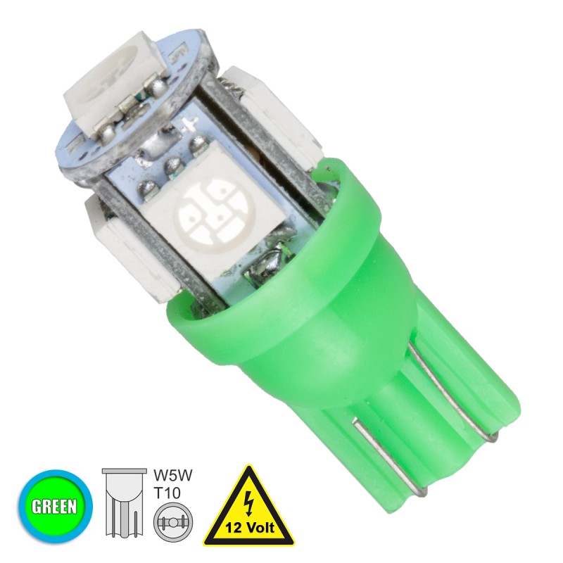 GloboStar® T10 W5W 81052 Λάμπα Αυτοκινήτου LED 5xSMD5050 0.36W 45lm 360° DC 12-16V IP20 Φ1.2 x Υ2.7cm Πράσινο