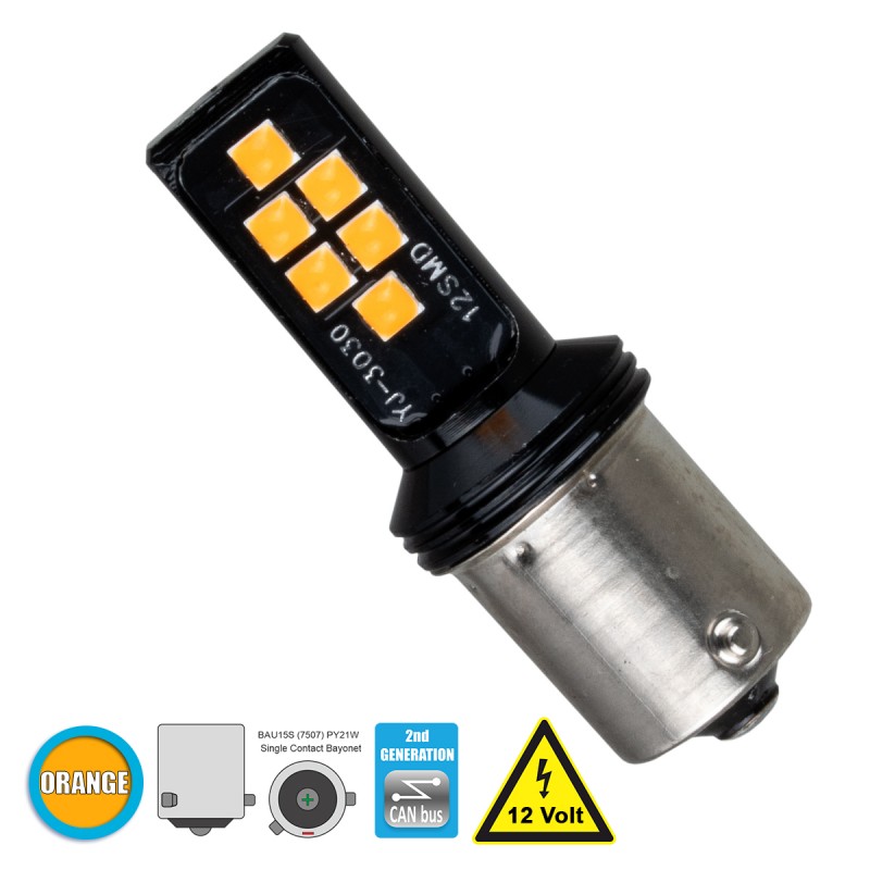 GLOBOSTAR® PY21W-7507 81247 Λάμπα PY21W 7507 BAU15S CANbus LED 4W 200lm 360° DC 12V IP20 Πορτοκαλί - 12 x Epistar SMD3030 Chip - Μ1.8 x Π1.8 x Υ5cm - 1 Χρόνο Εγγύηση
