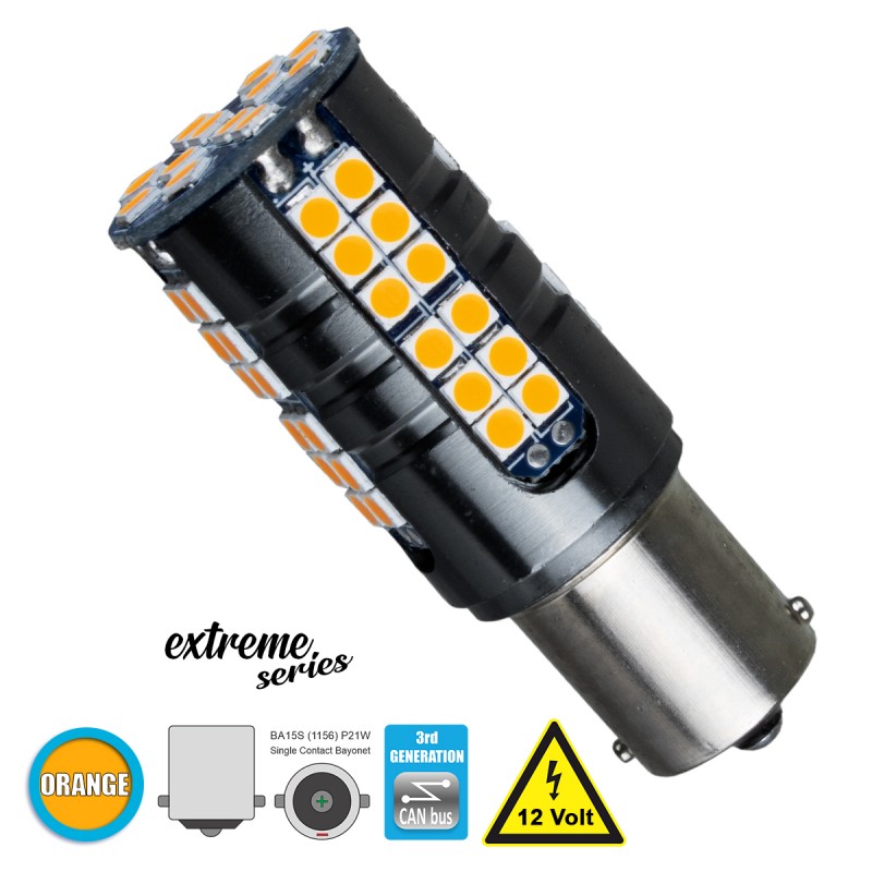 GloboStar® 1156 - BA15S - P21W 81251 Λάμπα Αυτοκίνητου  3rd Generation Can-Bus Extreme Series LED 66 SMD 3030 19W 2100lm 360° DC 12V IP20 Πορτοκαλί