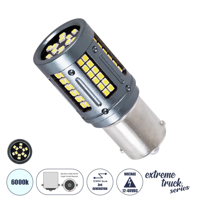 GLOBOSTAR® P21W-1156 81270 Λάμπα P21W 1156 BA15S CANbus LED 9.6W 1512lm 360° DC 24-36V IP20 Ψυχρό Λευκό 6000K - 84 x Epistar SMD2016 Chip - Μ2 x Π2 x Υ5cm - 1 Χρόνο Εγγύηση