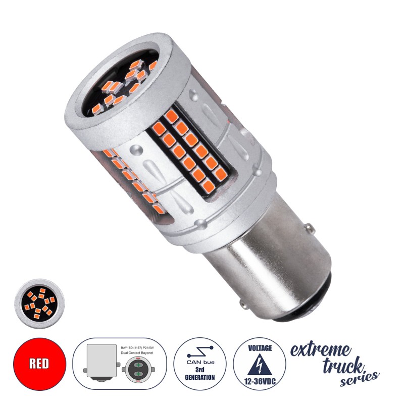 GloboStar® 81278 Λάμπα Αυτοκινήτου & Φορτηγού LED 1157 - BAY15D - P21/5W 3rd Generation Can-Bus Extreme Truck Series 72xSMD3030 7W 365lm 360° DC 24-36V IP20 Φ2 x Υ5cm Κόκκινο