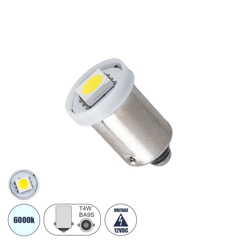 GLOBOSTAR® BA9S-T4W 81282 Λάμπα Ba9S T4W LED 0.12W 12lm 120° DC 12V IP20 Ψυχρό Λευκό 6000K - 1 x Epistar SMD5050 Chip - Μ1.1 x Π1.1 x Υ1.6cm - 1 Χρόνο Εγγύηση