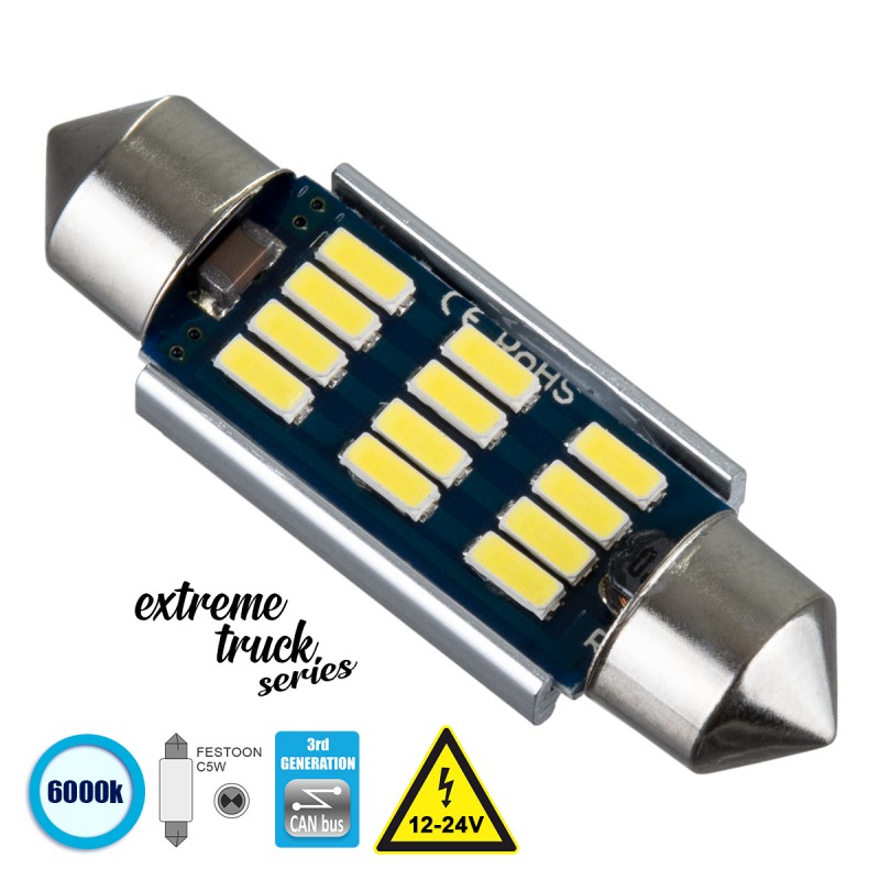 GLOBOSTAR® C5W 81330 Σωληνωτή Λάμπα C5W 39mm CANbus LED 1.2W 180lm 120° DC 24-30V IP20 Ψυχρό Λευκό 6000K - 12 x Epistar SMD4014 - Μ3.9 x Π1.2 x Υ1.2cm - 1 Χρόνο Εγγύηση