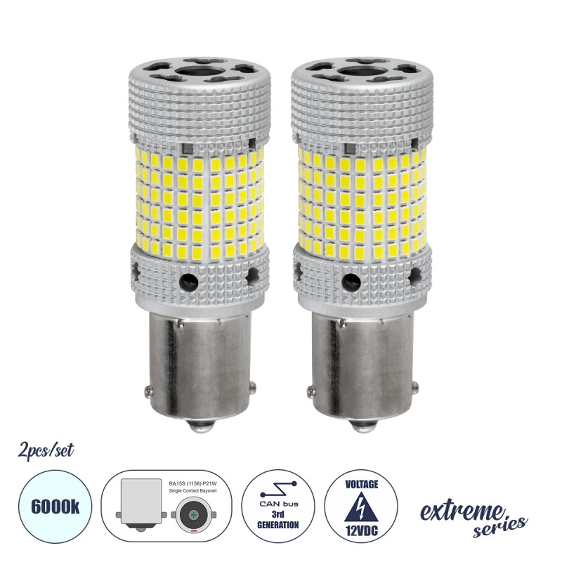 GloboStar® 1156 - BA15S - P21W 81476-B Λάμπες Αυτοκινήτου LED  3rd Generation Can-Bus Extreme Series 150xSMD2016 28W 3360lm 360° DC 12-16V IP20 Φ2.1 x Υ5.5cm Ψυχρό Λευκό 6000K - Σετ 2 Τεμαχίων σε Box