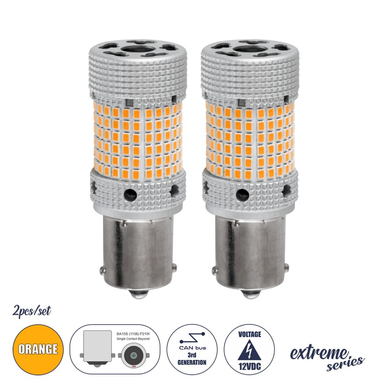 GloboStar® 1156 - BA15S - P21W 81477-B Λάμπες Αυτοκινήτου LED  3rd Generation Can-Bus Extreme Series 150xSMD2016 28W/56W 1815lm/3630lm 360° DC 12V IP20 Φ2.1 x Υ5.5cm Πορτοκαλί - Σετ 2 Τεμαχίων σε Box