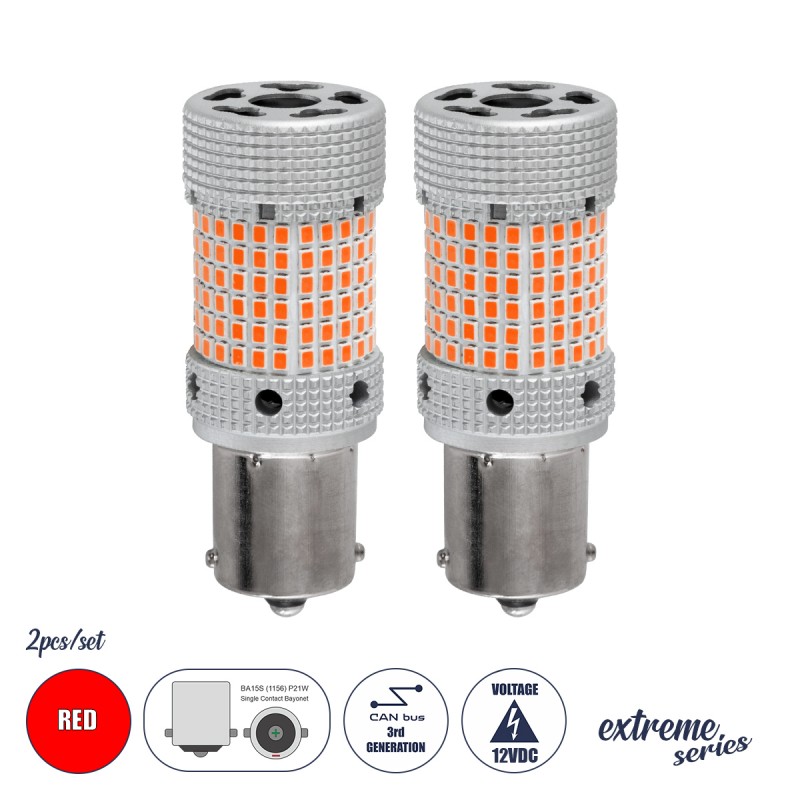 GloboStar® 1156 - BA15S - P21W 81478-B Λάμπες Αυτοκινήτου LED  3rd Generation Can-Bus Extreme Series 150xSMD2016 28W/56W 520lm/1040lm 360° DC 12V IP20 Φ2.1 x Υ5.5cm Κόκκινο - Σετ 2 Τεμαχίων σε Box