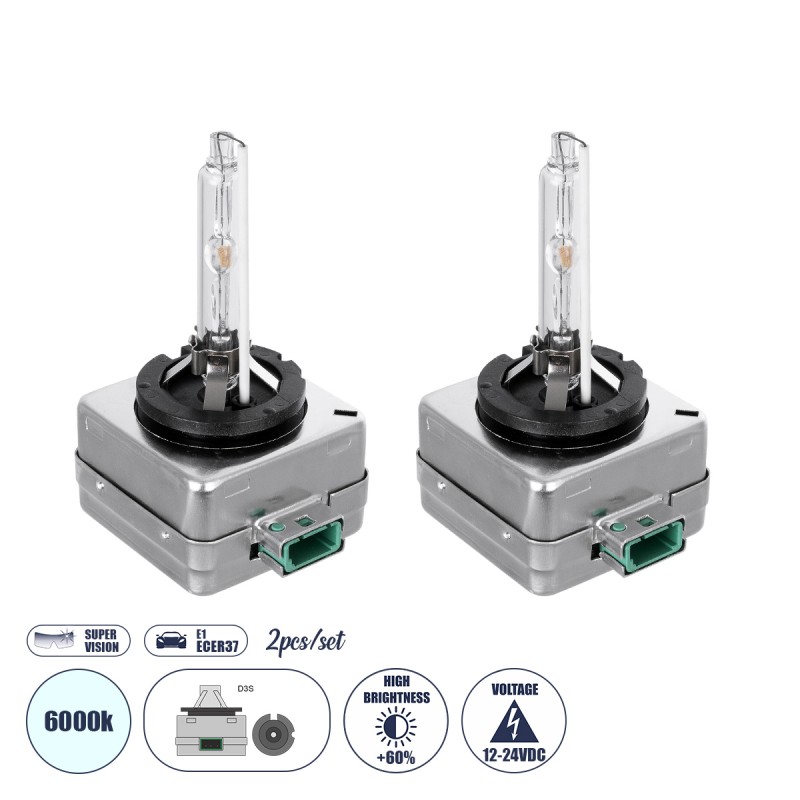 GLOBOSTAR® HID 84034 Λάμπα Xenon D3S Super Vision Υψηλής Φωτεινότητας +60% CANbus E1 ECER37 55W/110W 5000lm/10000lm 360° DC 12-24V Αδιάβροχο IP65 Ψυχρό Λευκό 6000K - Μ4 x Π5 x Υ8cm - Πακέτο 2 Τεμαχίων - 2 Χρόνια Εγγύηση