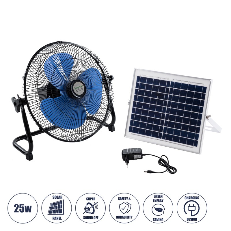GloboStar® SOLARO-FAN 85351 Solar Fan Αυτόνομος Ηλιακός Επιδαπέδιος Ανεμιστήρας 25W 2 Λειτουργιών Ρεύματος με AC 220-240V ή με Φωτοβολταϊκό Panel 9V 12W & Επαναφορτιζόμενη Μπαταρία Li-ion 7.4V 4400mAh - 12 Ταχύτητες - Ενσωματωμένο USB 2.0 Charger Συσκευών