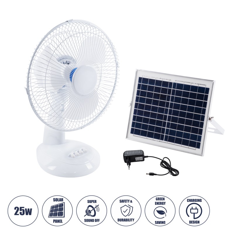 GloboStar® SOLARI-FAN 85354 Solar Fan Αυτόνομος Ηλιακός Επιτραπέζιος Ανεμιστήρας 25W 2 Λειτουργιών Ρεύματος με AC 220-240V ή με Φωτοβολταϊκό Panel 9V 12W & Επαναφορτιζόμενη Μπαταρία Li-ion 7.4V 4400mAh - 3 Ταχύτητες - IP20 - Μ24 x Π36 x Υ49cm - Λευκό - 2