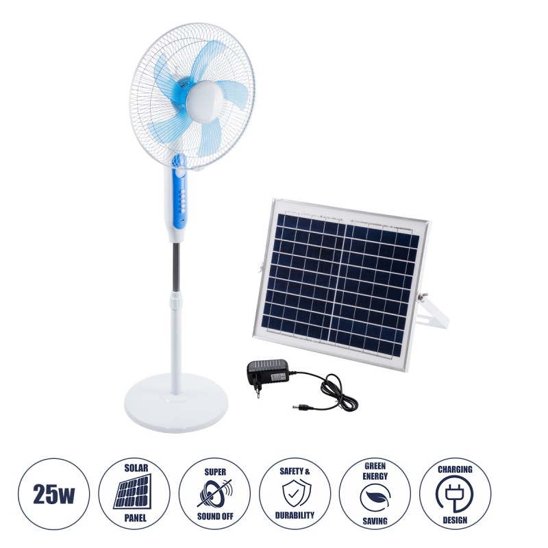 GloboStar® SOLARA-FAN 85355 Solar Fan Αυτόνομος Ηλιακός Επιδαπέδιος Ανεμιστήρας 25W 2 Λειτουργιών Ρεύματος με AC 220-240V ή με Φωτοβολταϊκό Panel 9V 12W & Επαναφορτιζόμενη Μπαταρία Li-ion 7.4V 4400mAh - 3 Ταχύτητες - Ενσωματωμένο USB 2.0 Charger Συσκευών