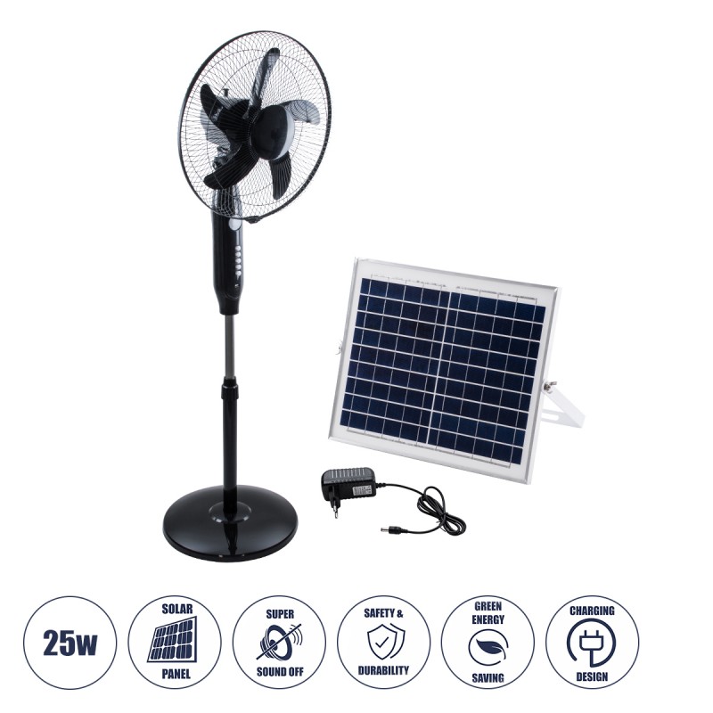 GloboStar® SOLARA-FAN 85356 Solar Fan Αυτόνομος Ηλιακός Επιδαπέδιος Ανεμιστήρας 25W 2 Λειτουργιών Ρεύματος με AC 220-240V ή με Φωτοβολταϊκό Panel 9V 12W & Επαναφορτιζόμενη Μπαταρία Li-ion 7.4V 4400mAh - 3 Ταχύτητες - Ενσωματωμένο USB 2.0 Charger Συσκευών