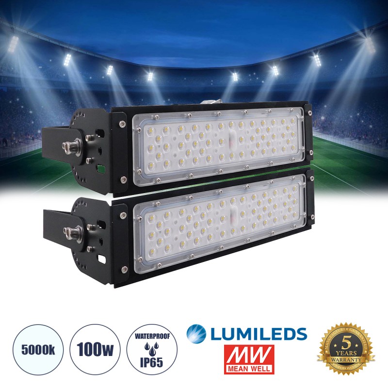 GLOBOSTAR® GOLIATH 90100-2 Προβολέας για Γήπεδα Tennis & Ποδοσφαίρου 5x5 LED 100W 15000lm 75°x135° SDCM<5 Fish Eye Lens AC 220-240V Αδιάβροχο IP65 IK08 Φυσικό Λευκό 5000K - Lumileds SMD Chip & Mean Well Driver - Μαύρο Ματ - Μ32 x Π12 x Υ18cm - 5 Χρόνια Εγ