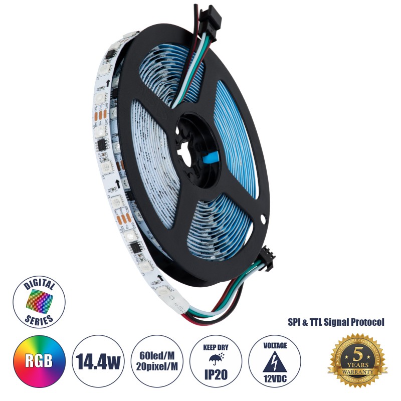 GLOBOSTAR® DIGIPRO 90589 Ψηφιακή Pixel Addressable Ταινία LED 14.4W/m 864lm/m 120° DC 12V IP20 60 x SMD5050 Chip/m 20 x Pixel/m Πολύχρωμο RGB Dimmable SPI/TTL Protocol IC WS2811/UCS16703 - Sanan SMD Chip - Μ500 x Π1 x Υ0.2cm - Ρολό 5 Μέτρων - 5 Χρόνια Εγγ