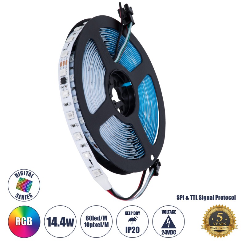 GLOBOSTAR® DIGIPRO 90596 Ψηφιακή Pixel Addressable Ταινία LED 14.4W/m 864lm/m 120° DC 24V IP20 60 x SMD5050 Chip/m 10 x Pixel/m Πολύχρωμο RGB Dimmable SPI/TTL Protocol IC WS2811/SM16703P - Sanan SMD Chip - Μ500 x Π1 x Υ0.2cm - Ρολό 5 Μέτρων - 5 Χρόνια Εγγ