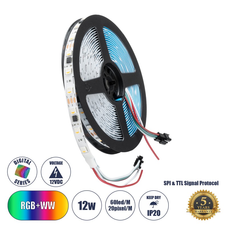 GLOBOSTAR® DIGIPRO 90773 Ψηφιακή Pixel Addressable Ταινία LED 12W/m 1080lm/m 120° DC 12V IP20 60 x SMD5050 Chip/m 20 x Pixel/m Πολύχρωμο RGB+WW Dimmable SPI/TTL Protocol IC TM1814/UCS1912/UCS2912 - Sanan SMD Chip - Μ500 x Π1 x Υ0.2cm - Ρολό 5 Μέτρων - 5 Χ