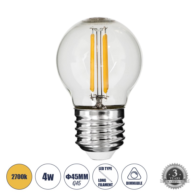 GLOBOSTAR® SPHERE 99004 Λάμπα E27 G45 LED 4W 400lm 360° AC 220-240V IP20 Θερμό Λευκό 2700K Dimmable - Long Filament Chip - Διάφανο - Μ4.5 x Π4.5 x Υ7.5cm - 3 Χρόνια Εγγύηση