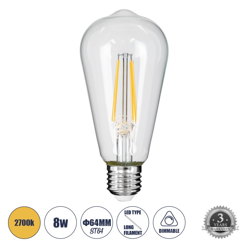GLOBOSTAR® PEAR 99016 Λάμπα E27 ST64 LED 8W 800lm 360° AC 220-240V IP20 Θερμό Λευκό 2700K Dimmable - Long Filament Chip - Διάφανο - Μ6.4 x Π6.4 x Υ14cm - 3 Χρόνια Εγγύηση