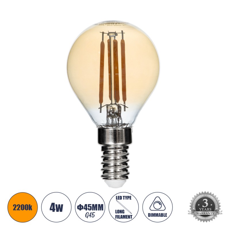 GLOBOSTAR® SPHERE 99033 Λάμπα E14 G45 LED 4W 350lm 360° AC 220-240V IP20 Ultra Θερμό Λευκό 2200K Dimmable - Long Filament Chip - Μελί - Μ4.5 x Π4.5 x Υ7.5cm - 3 Χρόνια Εγγύηση