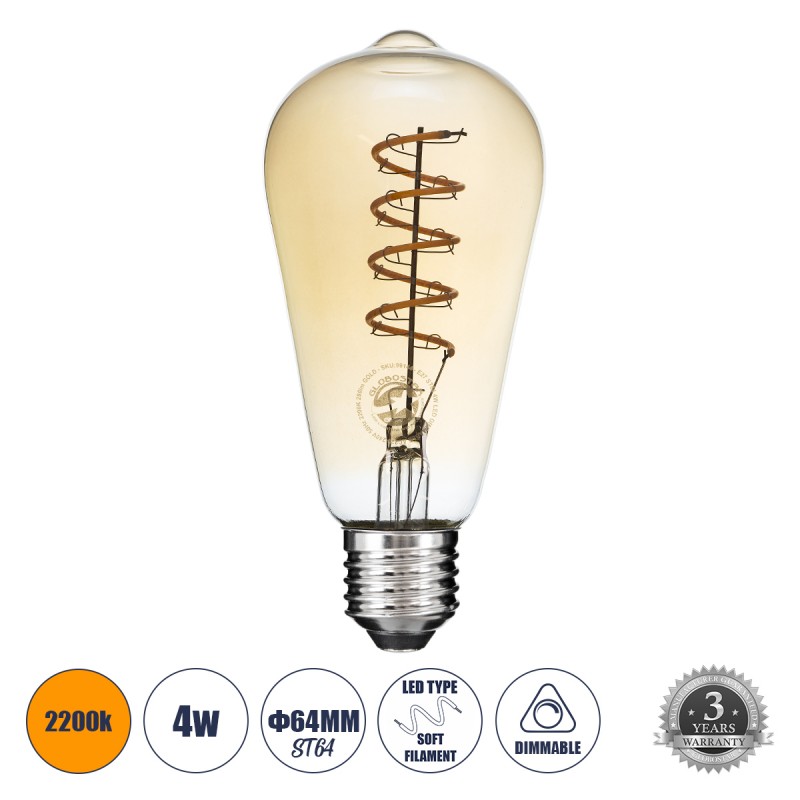 GLOBOSTAR® PEAR 99144 Λάμπα E27 ST64 LED 4W 280lm 360° AC 220-240V IP20 Ultra Θερμό Λευκό 2200K Dimmable - Soft S Spiral Filament Chip - Μελί - Μ6.4 x Π6.4 x Υ14cm - 3 Χρόνια Εγγύηση