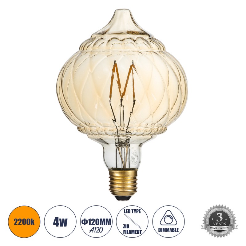 GLOBOSTAR® ACORN 99163 Λάμπα E27 A120 LED 4W 350lm 360° AC 220-240V IP20 Ultra Θερμό Λευκό 2200K Dimmable - Zig Long Filament Chip - Μελί - Μ12 x Π12 x Υ17cm - 3 Χρόνια Εγγύηση