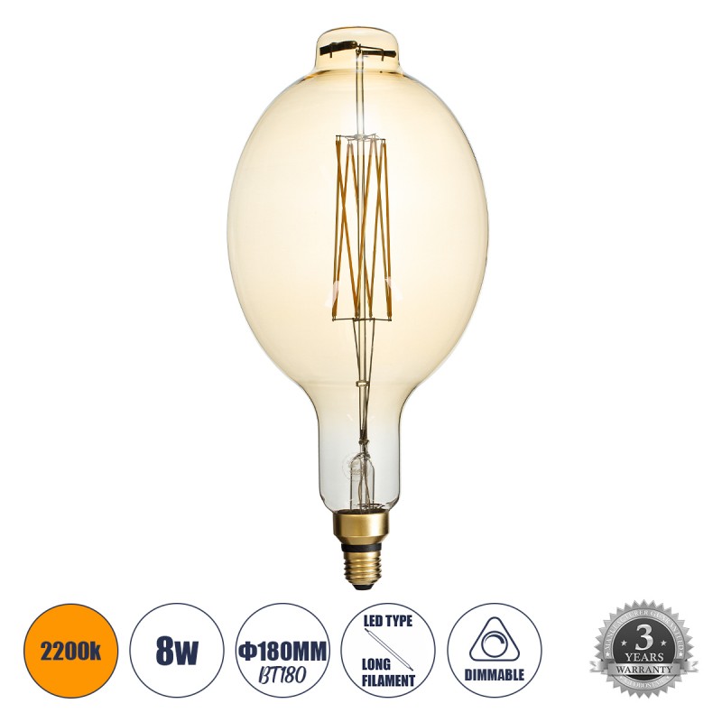 GLOBOSTAR® MANGOS 99166 Λάμπα E27 BT180 LED 8W 720lm 360° AC 220-240V IP20 Ultra Θερμό Λευκό 2200K Dimmable - Long Filament Chip - Μελί - Μ18 x Π18 x Υ39cm - 3 Χρόνια Εγγύηση