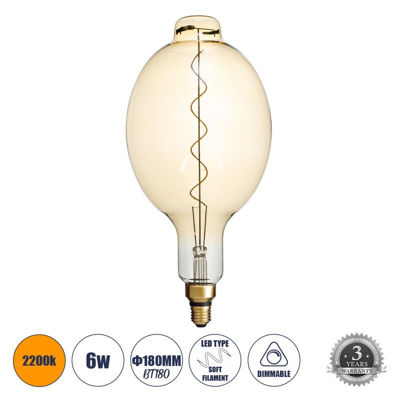 GLOBOSTAR® MANGOS 99170 Λάμπα E27 BT180 LED 6W 420lm 360° AC 220-240V IP20 Ultra Θερμό Λευκό 2200K Dimmable - Soft S Spiral Filament Chip - Μελί - Μ18 x Π18 x Υ39cm - 3 Χρόνια Εγγύηση