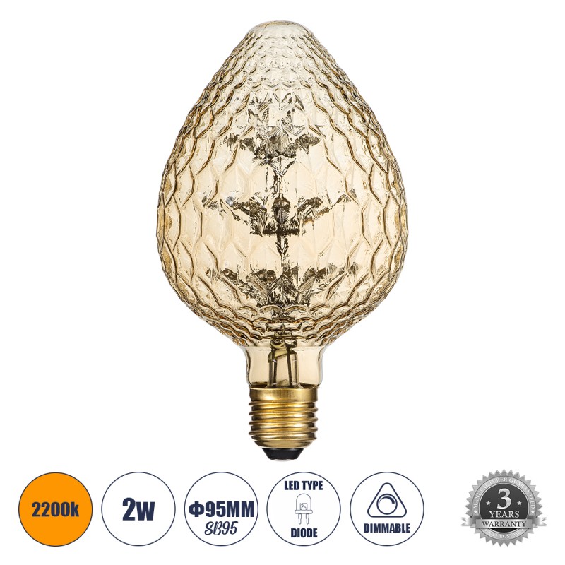 GLOBOSTAR® STRAWBERRY 99204 Λάμπα E27 SB95 LED 1.6W 140lm 360° AC 220-240V IP20 Ultra Θερμό Λευκό 2200K Dimmable - Diode HP Filament Chip - Μελί - Μ9.5 x Π9.5 x Υ17cm - 3 Χρόνια Εγγύηση
