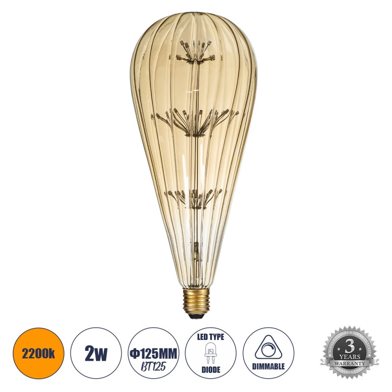 GLOBOSTAR® BOMBSHELL 99212 Λάμπα E27 BT125 LED 1.8W 158lm 360° AC 220-240V IP20 Ultra Θερμό Λευκό 2200K Dimmable - Diode HP Filament Chip - Μελί - Μ12.5 x Π12.5 x Υ29cm - 3 Χρόνια Εγγύηση