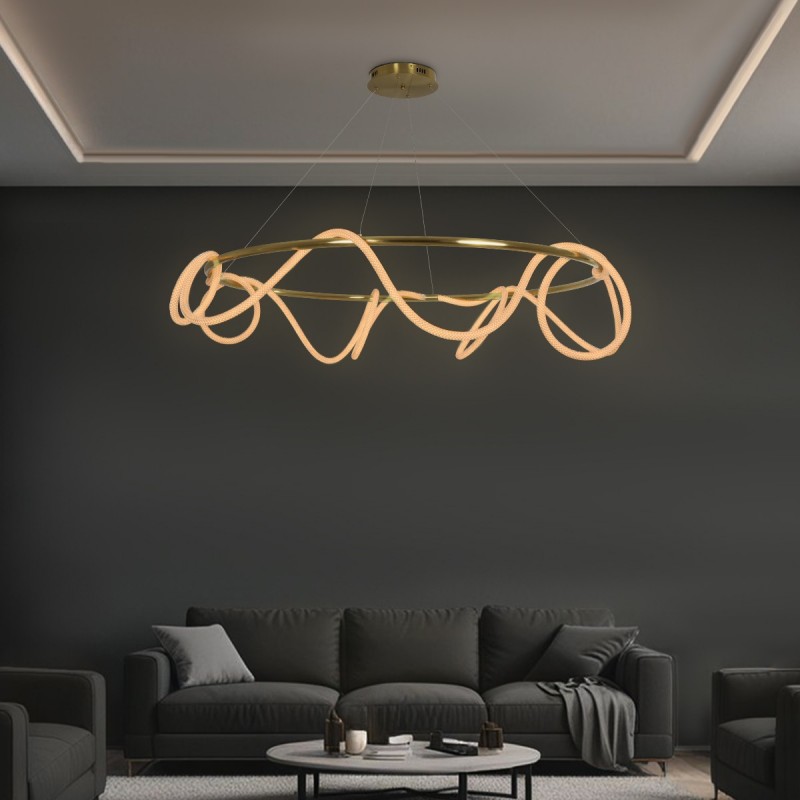 kelvo® GLOW KLV-101-0165 Κρεμαστό Φωτιστικό Οροφής LED 100W 10000lm 360° AC 220-240V IP20 Ρυθμιζόμενο Λευκό CCT με Χειριστήριο από 2700K έως 6000K Dimmable - Lumileds SMD Chip - Χρυσό Πλατίνα - Μ150 x Π150 x Υ100cm - 3 Χρόνια Εγγύηση